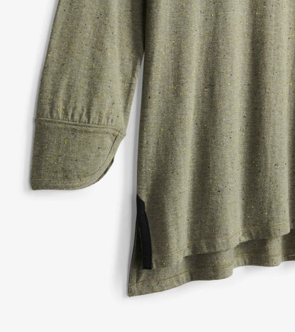 Loden green 3/4 sleeve Breton top with speckled pattern and side slits for added style and comfort.