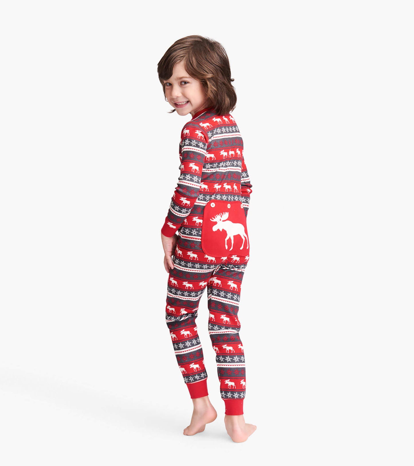 Red Fair Isle kids' onesie featuring moose and snowflake patterns, with a white moose design on the back.