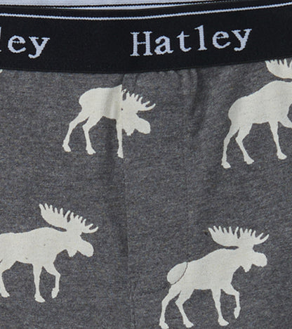 Gray boxer briefs featuring white moose silhouettes and a black waistband.