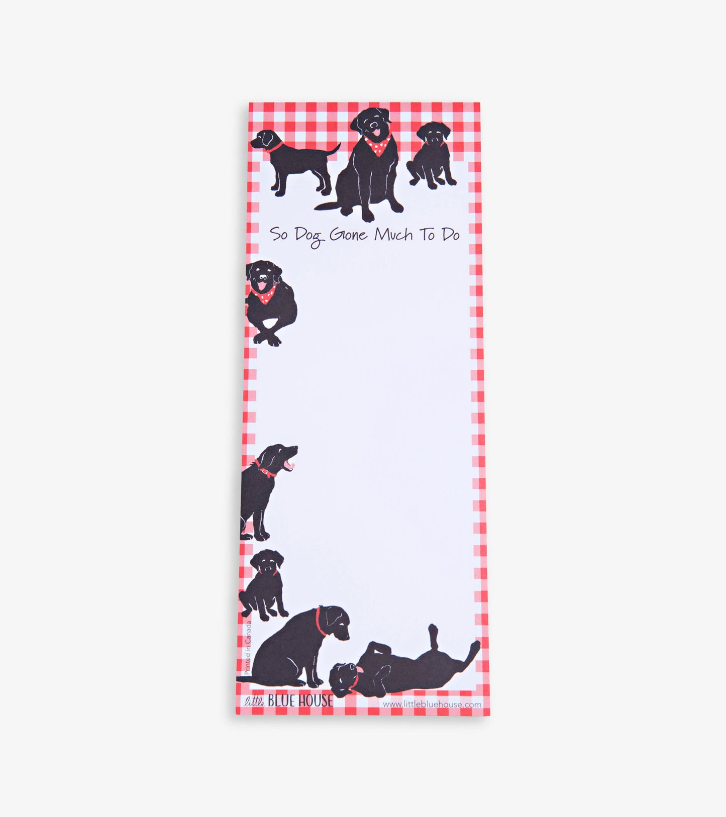 Magnetic notepad featuring black dogs on a red gingham border, ideal for jotting down notes and reminders.