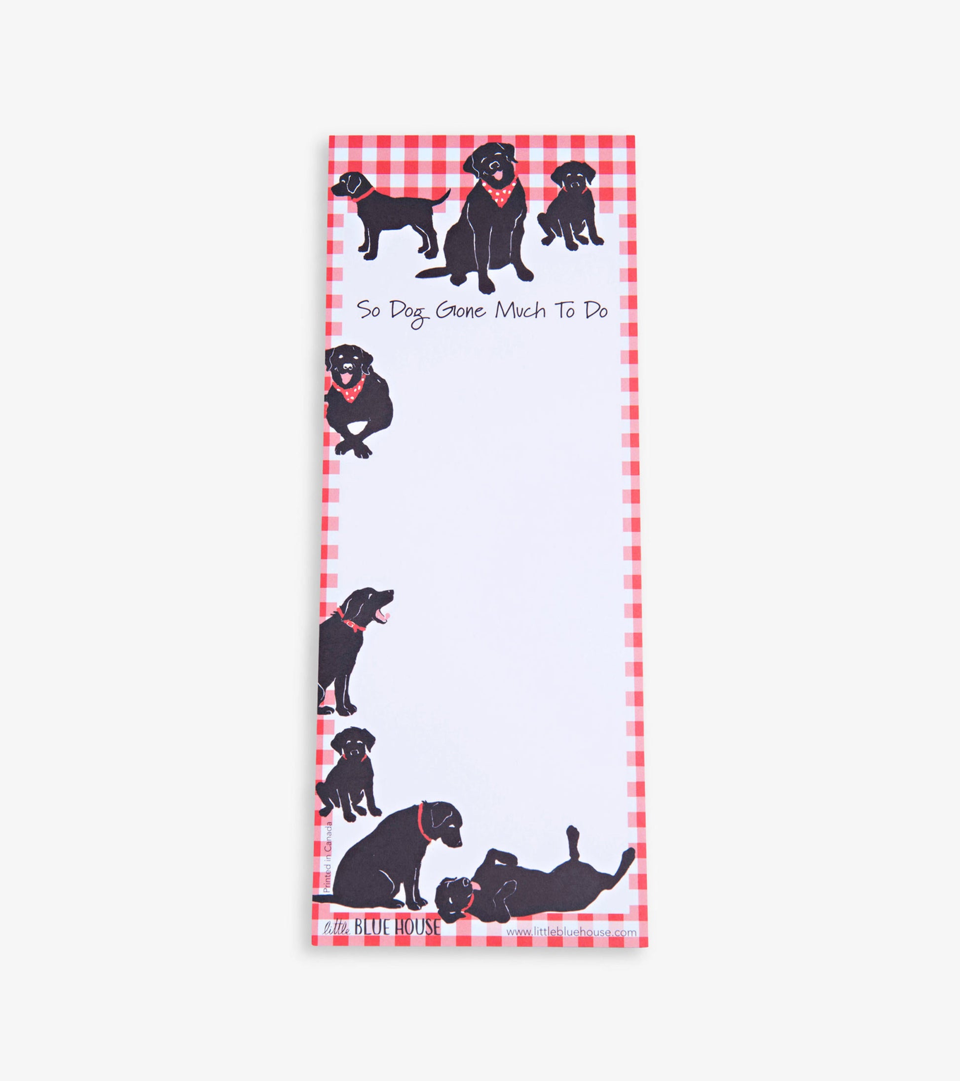 Magnetic notepad featuring black dogs on a red gingham border, ideal for jotting down notes and reminders.