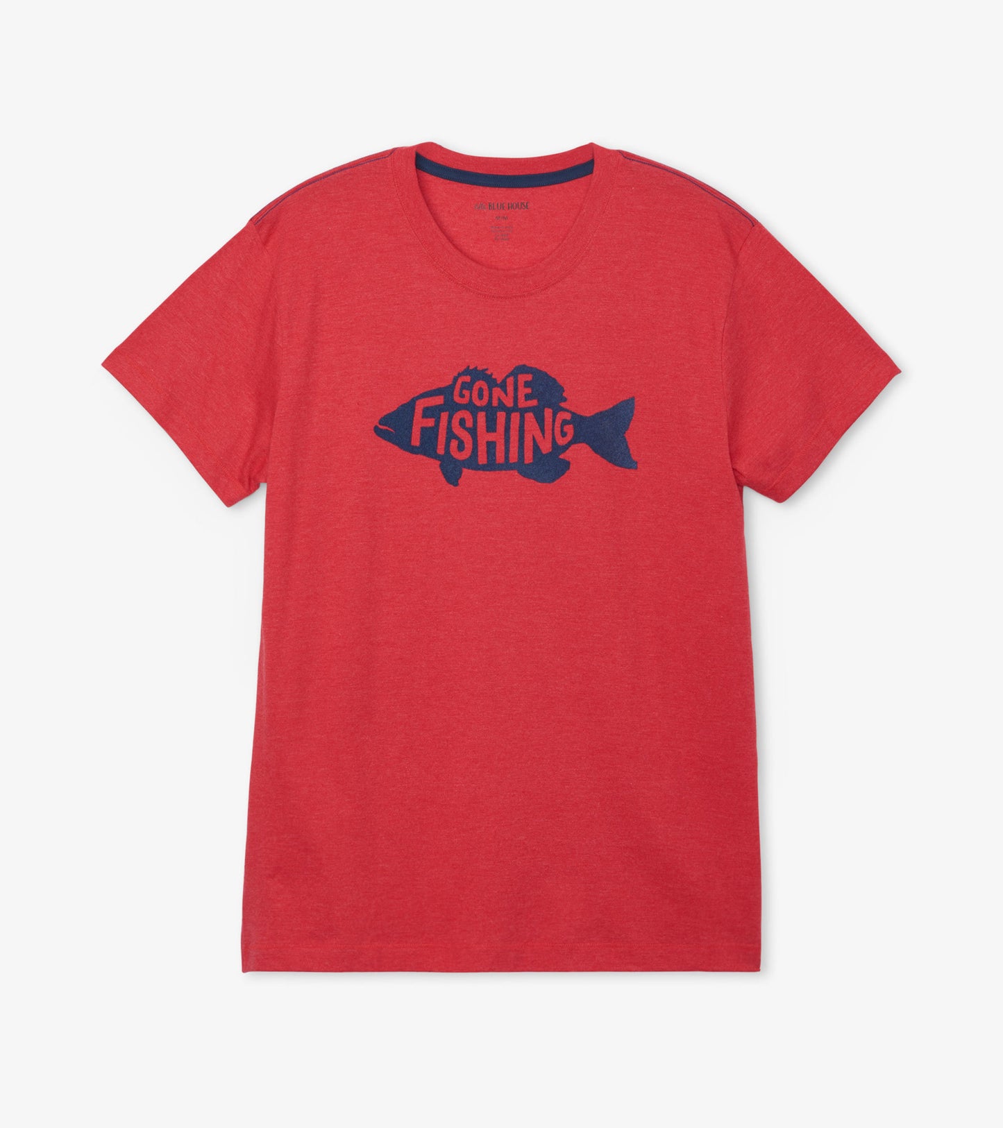 Red short-sleeve tee featuring a blue fish graphic with the text "GONE FISHING" in bold letters.