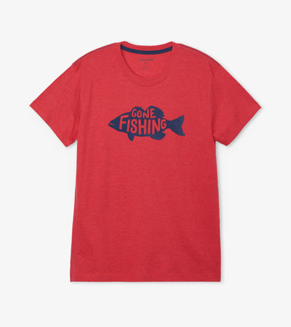 Red short-sleeve tee featuring a blue fish graphic with the text "GONE FISHING" in bold letters.