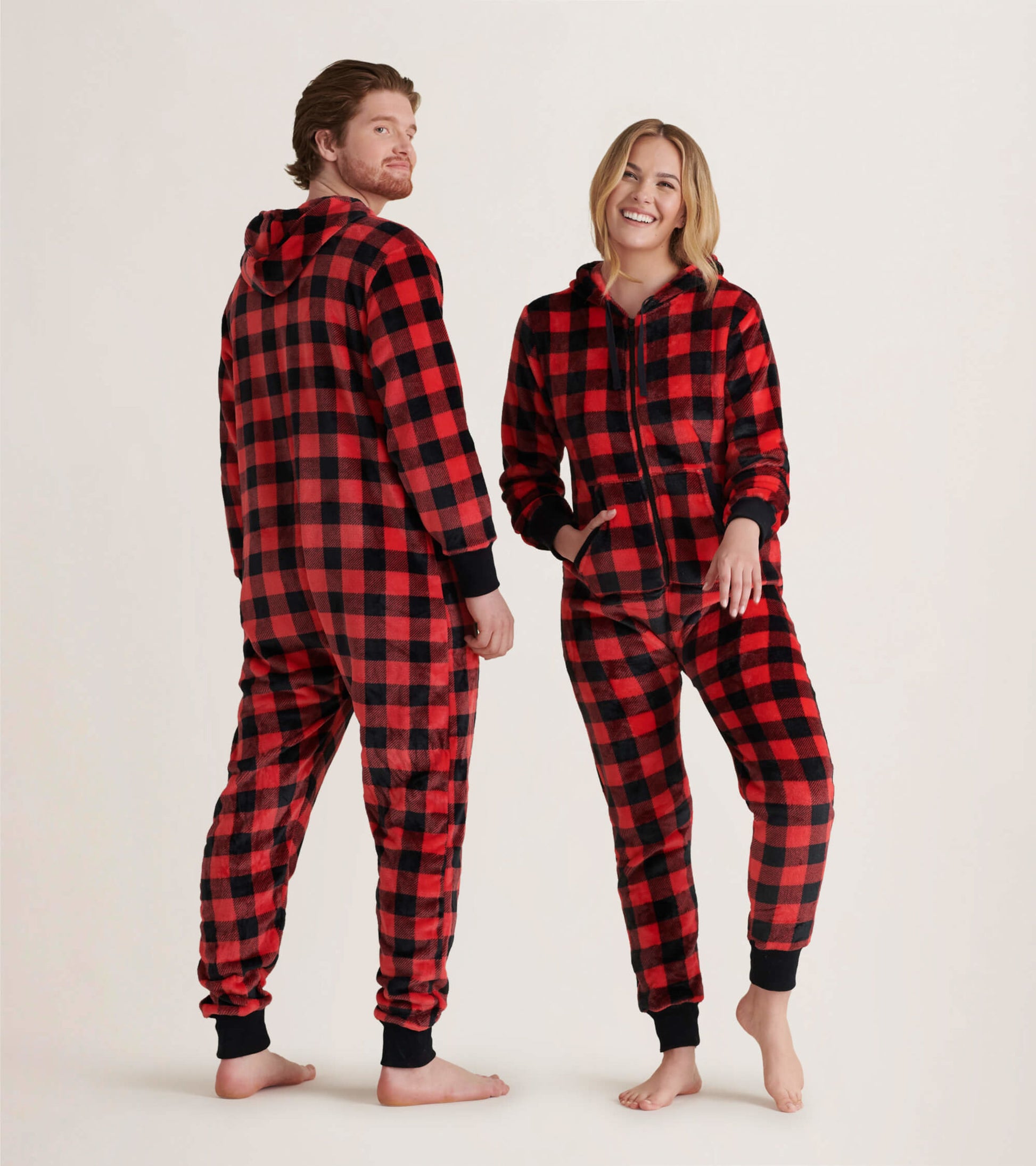 Giggling Getup Kids Christmas Jumpsuit - Red Buffalo Plaid Flannel With Hood (Medium, 8-10Y)