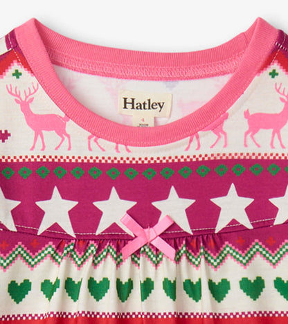 Long sleeve girls' nightgown featuring a festive Fair Isle pattern with deer, stars, hearts, and a pink bow detail.