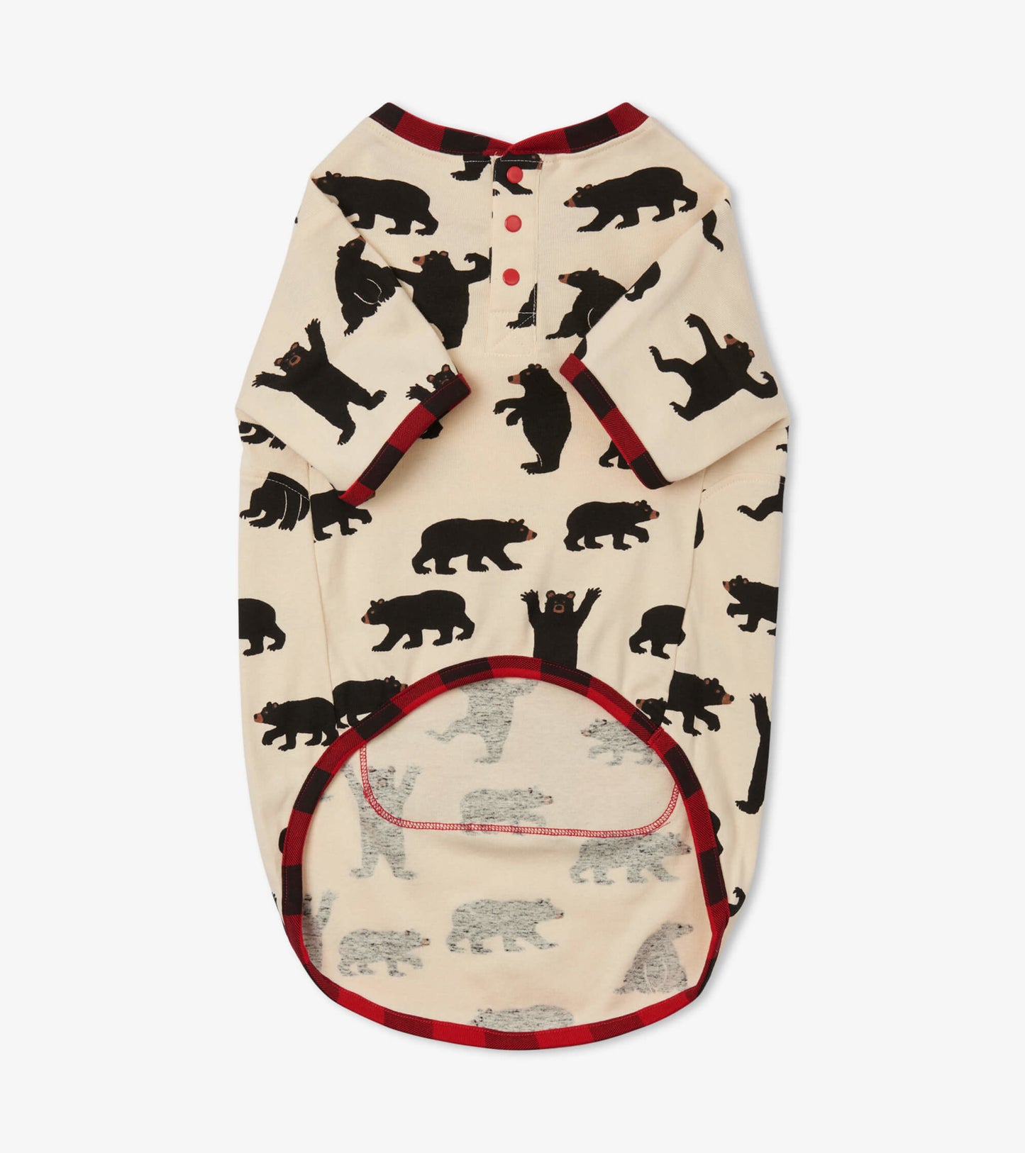 Cream dog tee featuring black bear patterns and a red plaid collar, designed for comfort and style.