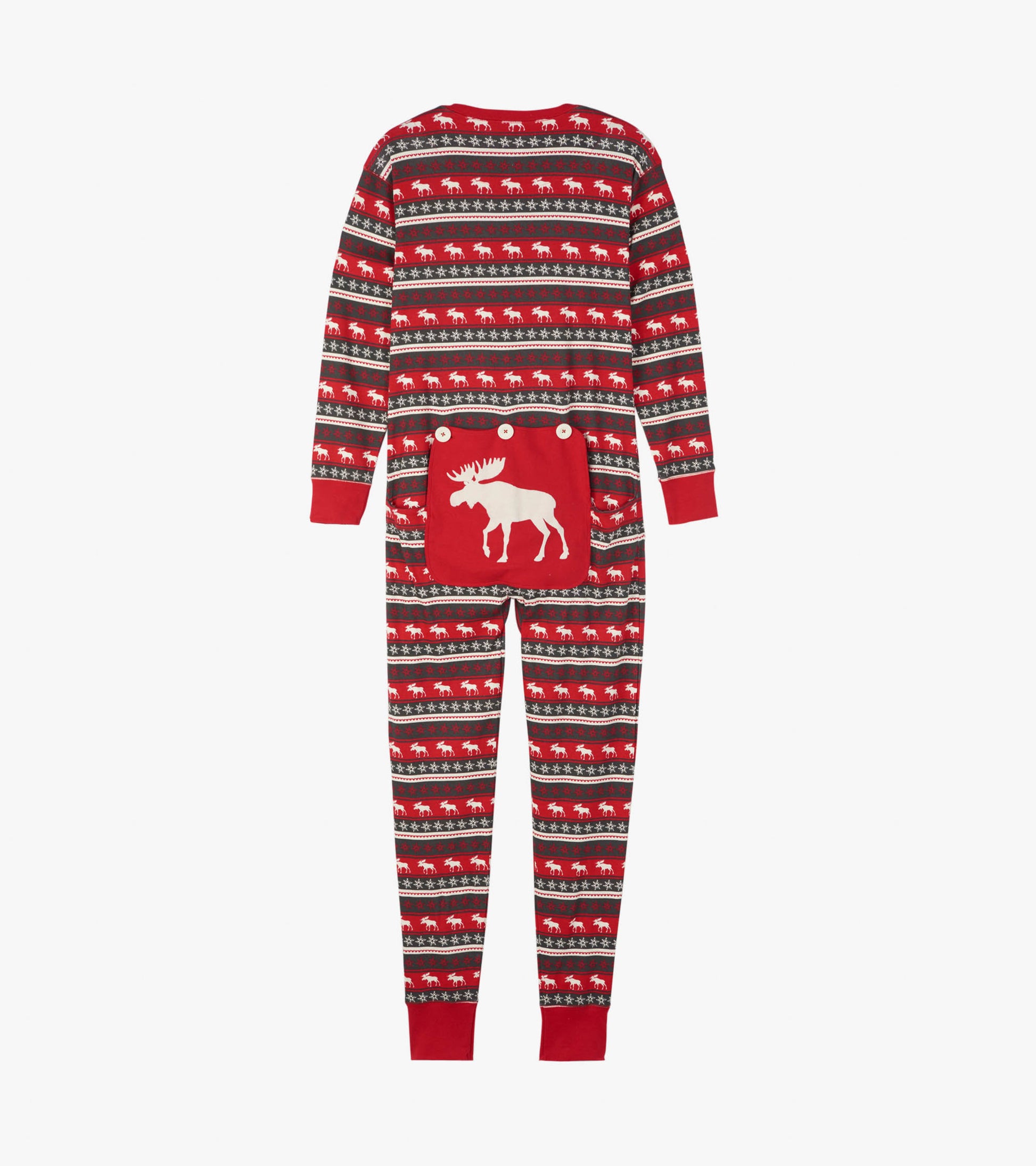 Red Fair Isle patterned adult onesie featuring moose designs and a white moose graphic on the back.