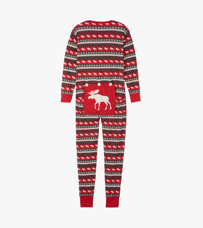 Red Fair Isle patterned adult onesie featuring moose designs and a white moose graphic on the back.
