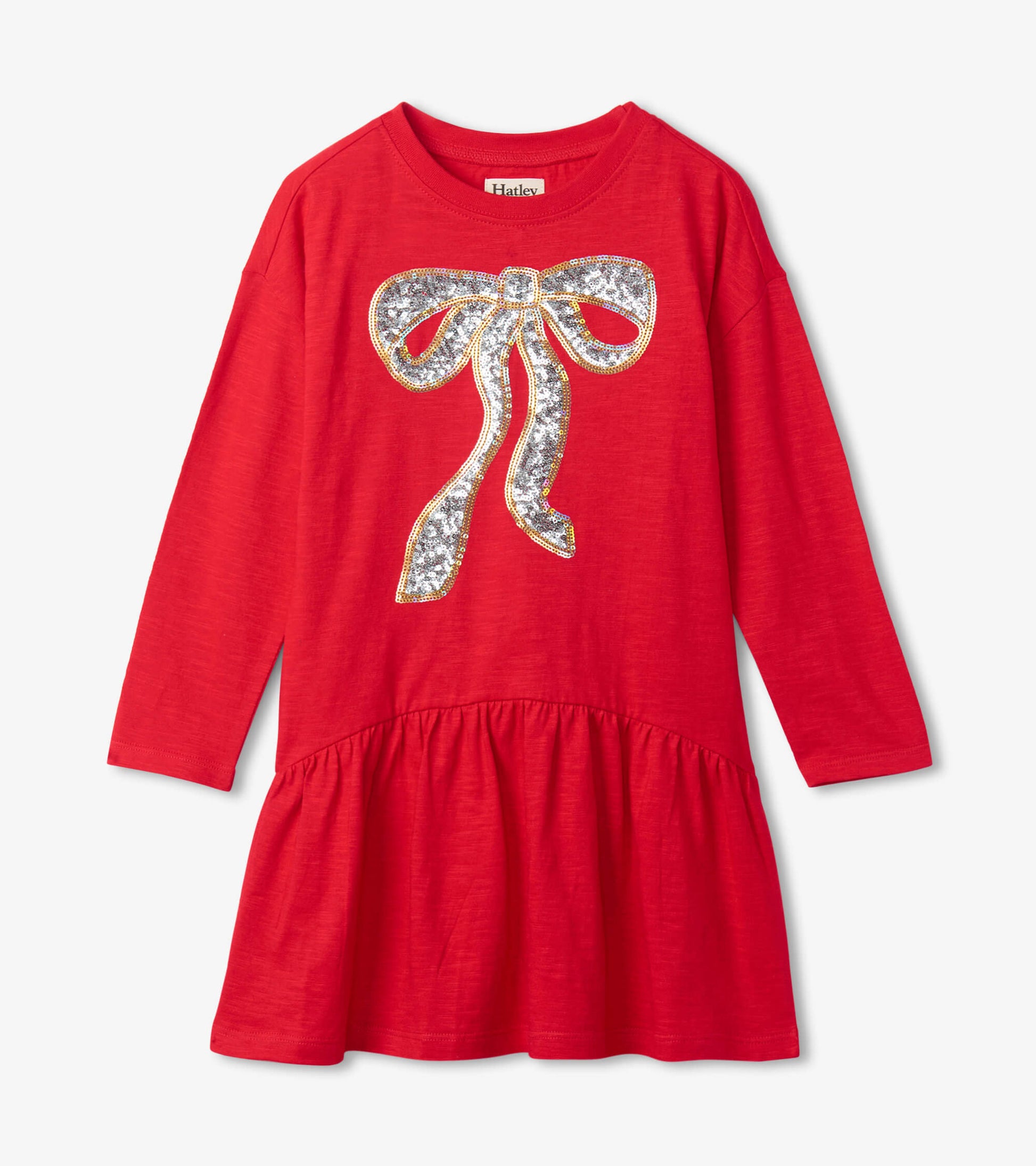 Red long-sleeve party dress featuring a sequined bow design and a flared skirt. Ideal for holiday celebrations.