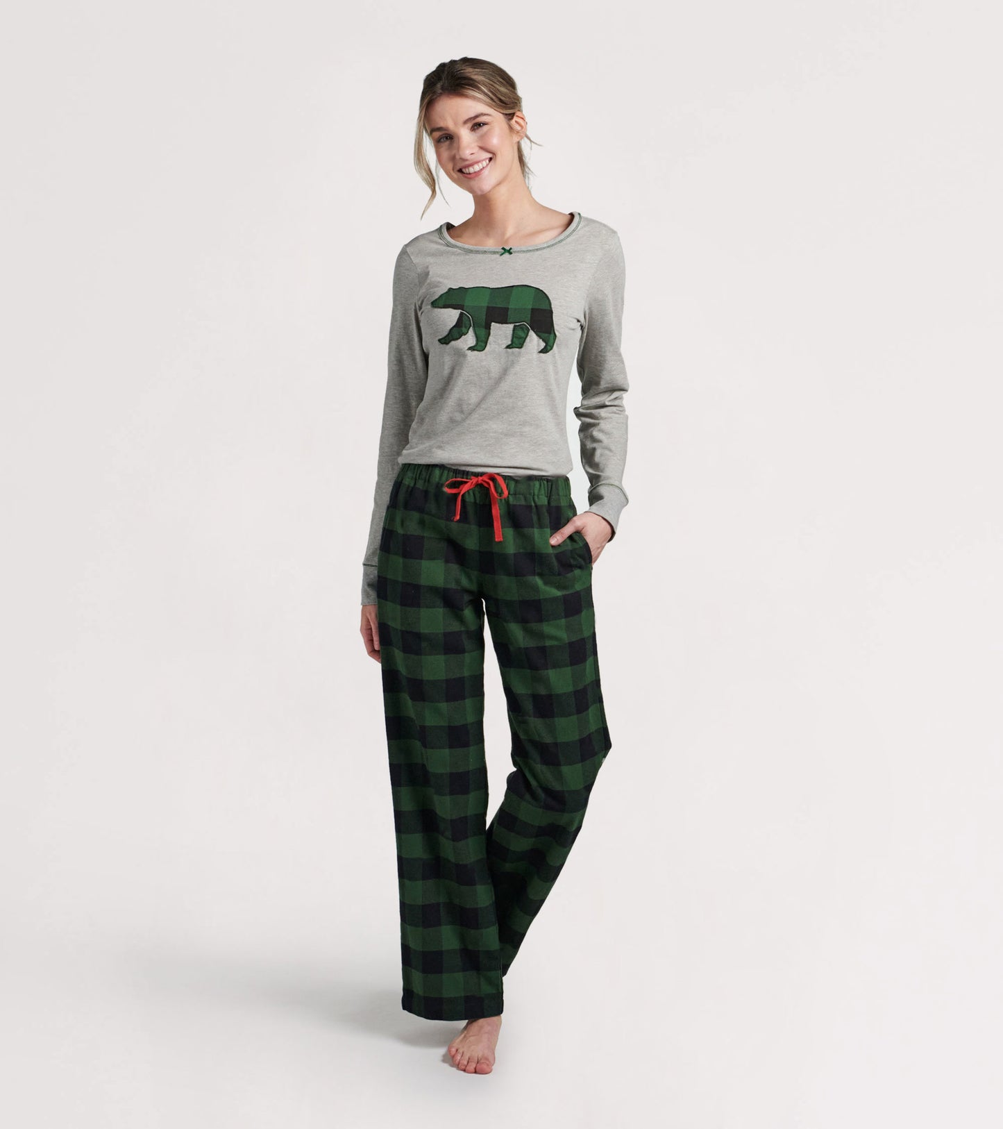 Haut en jersey extensible pour femme – Ours à motif tartan vert forêt
