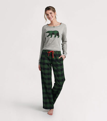 Haut en jersey extensible pour femme – Ours à motif tartan vert forêt