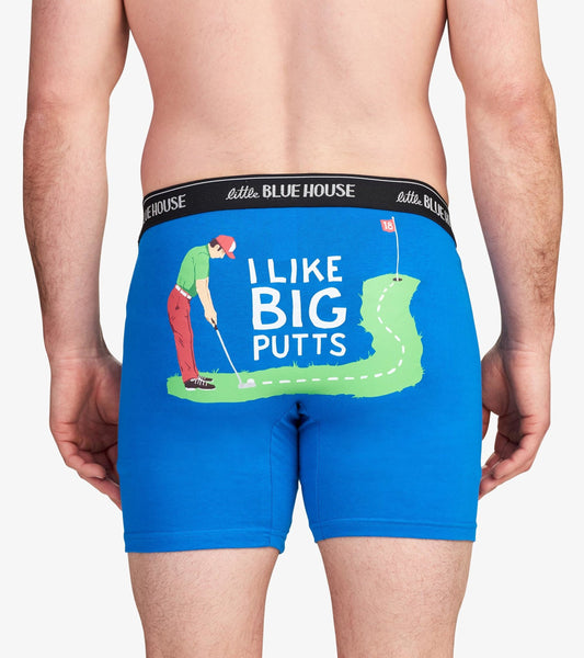 Blue boxer briefs featuring a humorous golf-themed graphic on the back with the text "I LIKE BIG PUTTS.