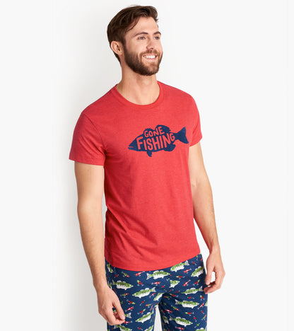 Red short-sleeve tee featuring a navy fish graphic and text "GONE FISHING," worn by a smiling man.