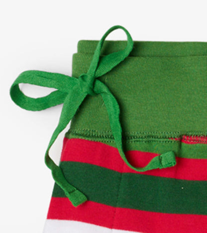 Green waistband with a tie and red and white candy cane stripes on the pajama pants.