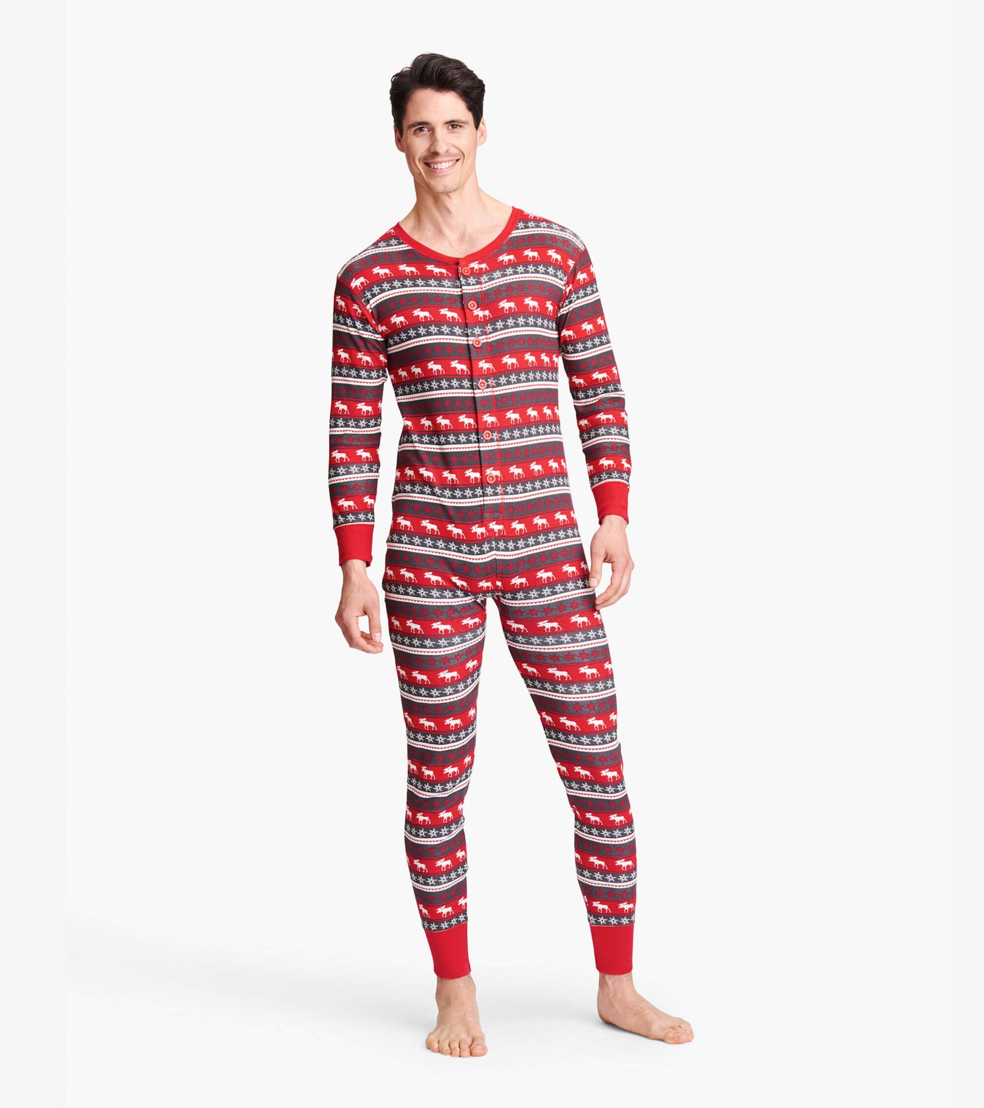 Red Fair Isle patterned adult onesie featuring moose designs, long sleeves, and a button-up front.