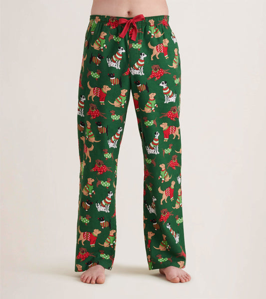 Green flannel pajama pants featuring a festive dog pattern, with a red drawstring and relaxed fit.