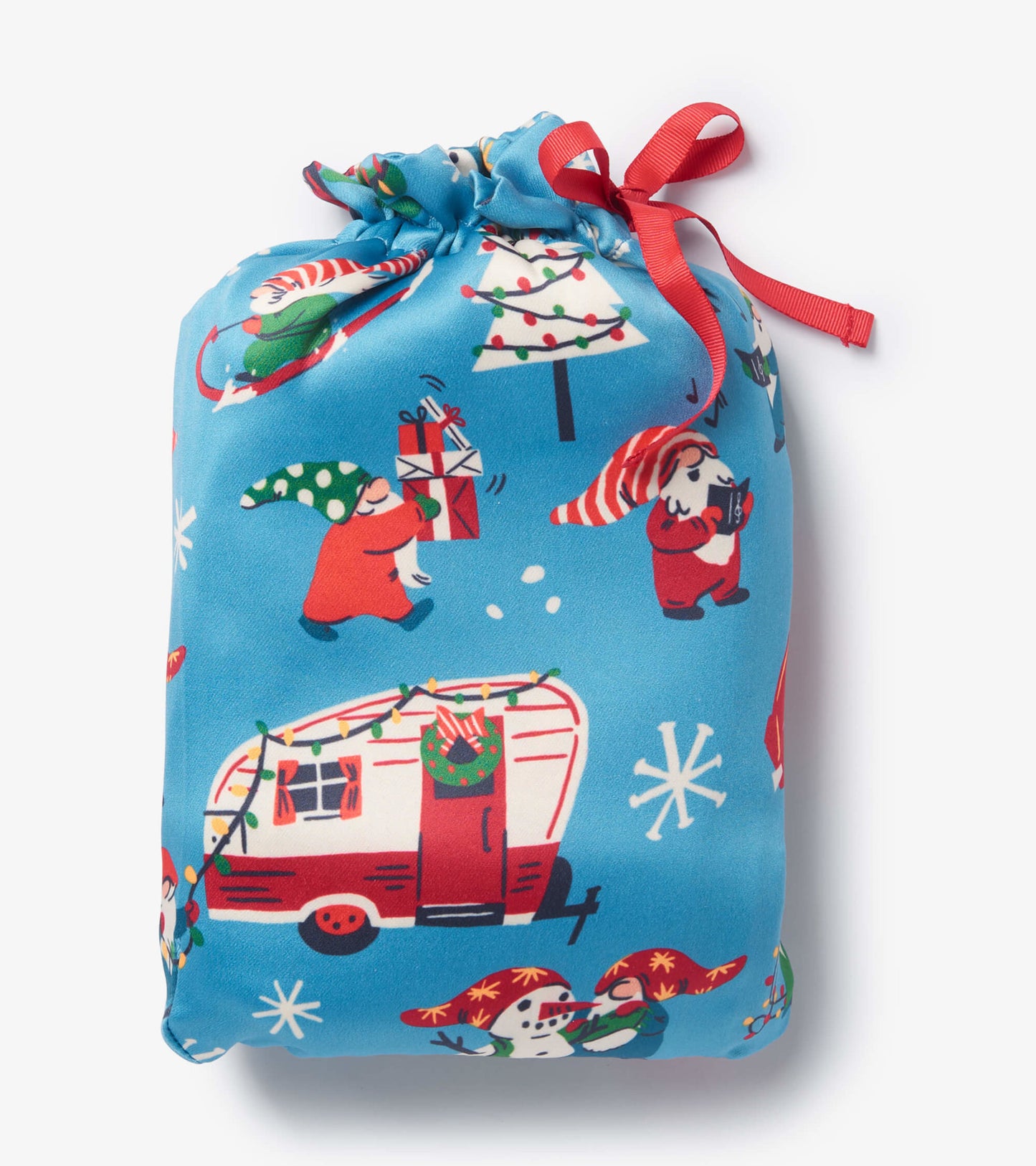 Colorful blue reusable gift bag featuring festive gnomes, snowmen, and a decorated camper, tied with a red ribbon.