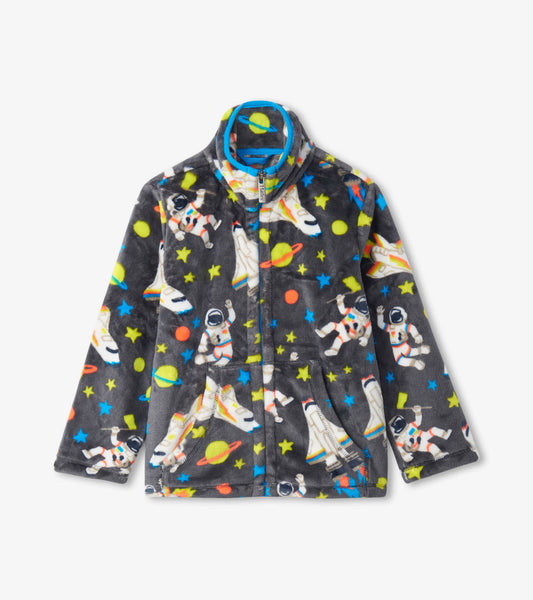 Gray fleece jacket featuring colorful astronaut and planet patterns, with a zip-up front and two pockets.