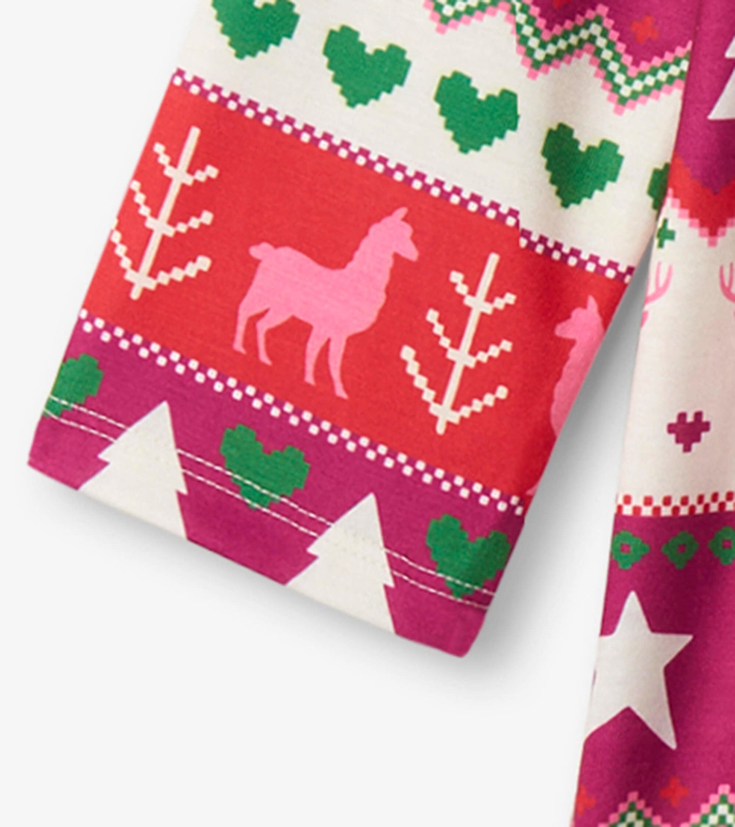 Colorful long sleeve nightgown featuring a festive Fair Isle pattern with hearts, trees, and llamas in pink and red tones.