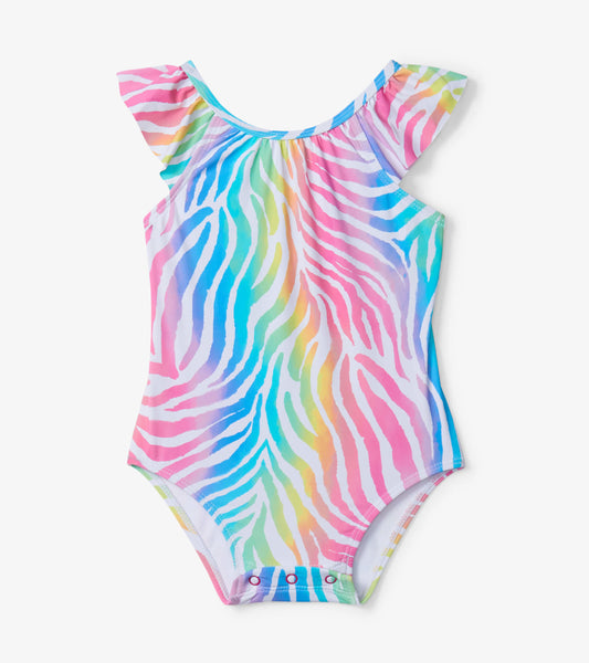 Colorful rainbow zebra print baby swimsuit with ruffle sleeves and snap closure at the bottom.