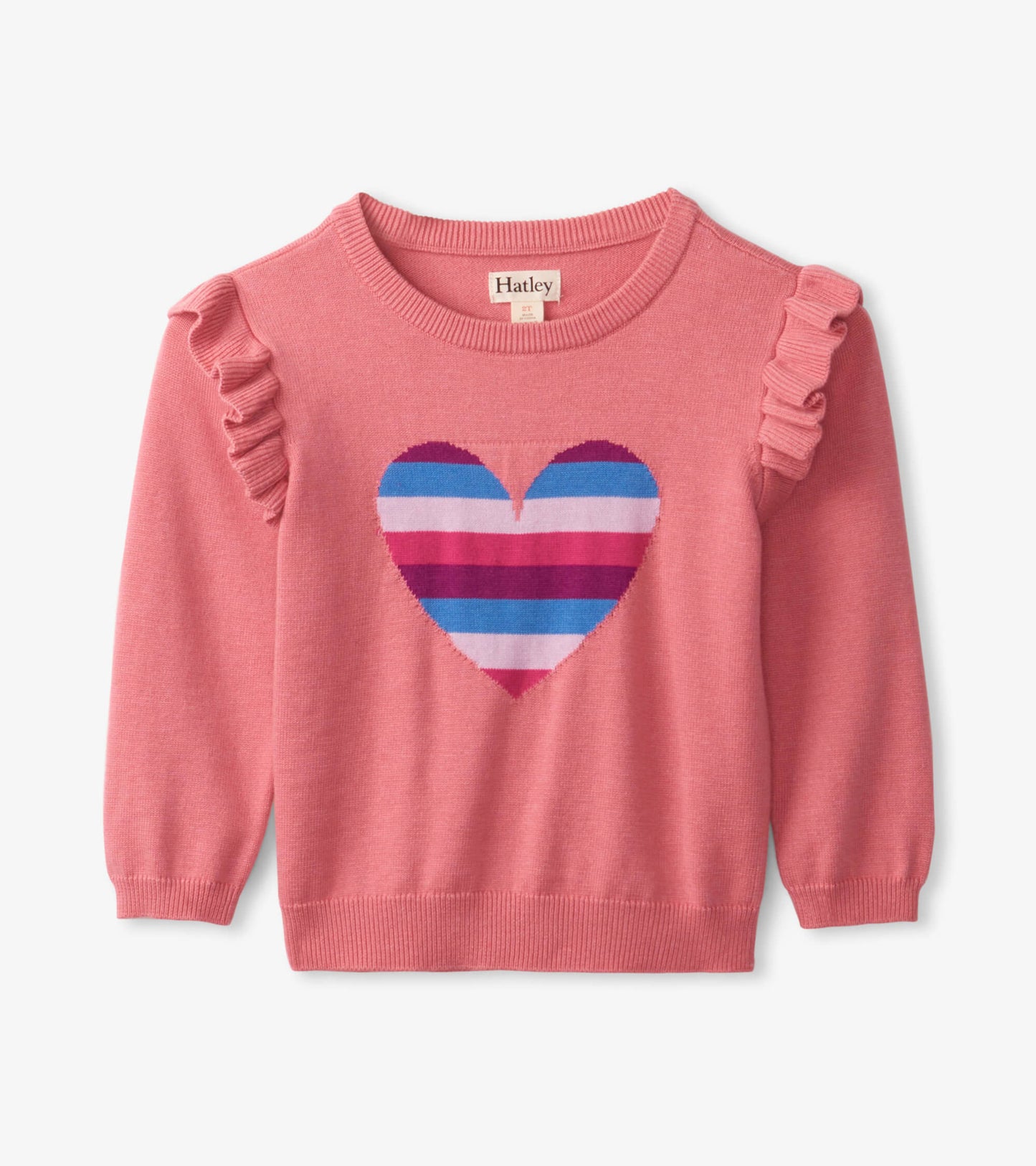 Pink sweater with ruffle sleeves and a striped heart design in blue, purple, and pink.