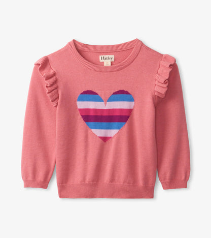 Pink sweater with ruffle sleeves and a striped heart design in blue, purple, and pink.