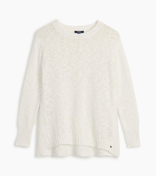White knitted sweater with a crew neckline and ribbed cuffs, featuring a slightly longer back hem.
