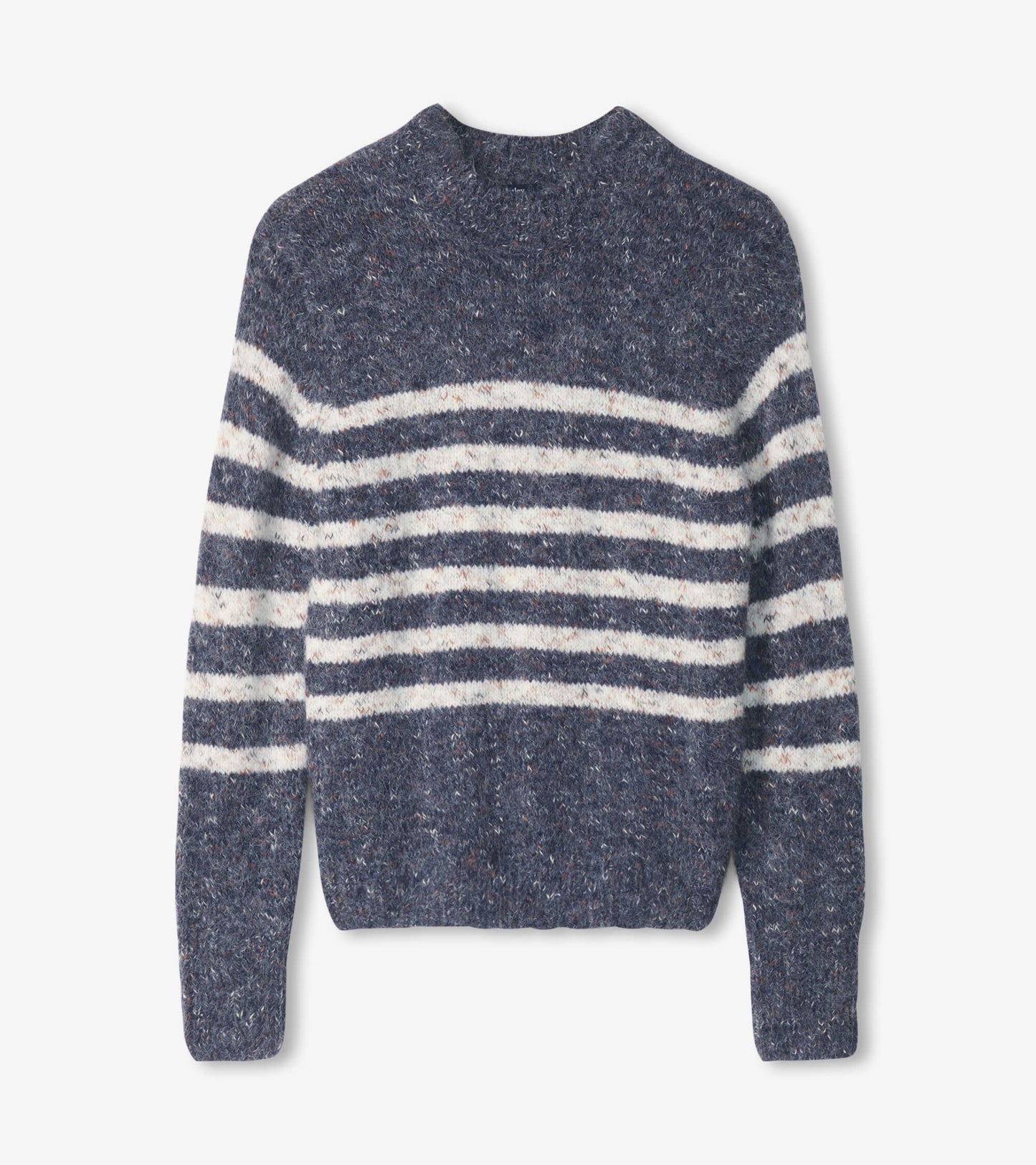 Navy sweater with white and light gray stripes, featuring a cozy, textured knit and a crew neckline.