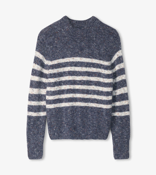 Navy sweater with white and light gray stripes, featuring a cozy, textured knit and a crew neckline.