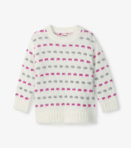 White sweater tunic with pink and gray basket weave pattern, featuring a round neckline and long sleeves.