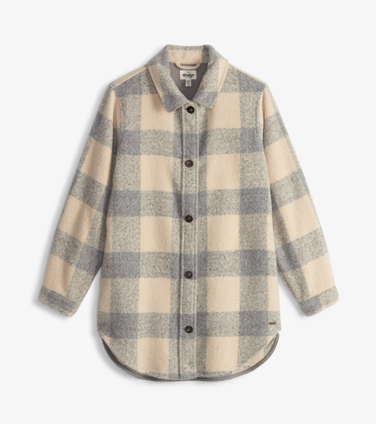 Neutral plaid overshirt in cream and gray, featuring a button front and rounded hem, suitable for layering.