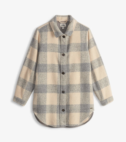 Neutral plaid overshirt in cream and gray, featuring a button front and rounded hem, suitable for layering.