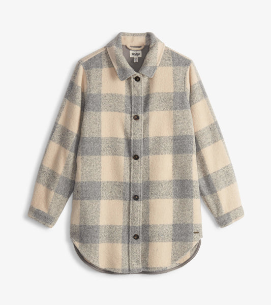 Neutral plaid overshirt in cream and gray, featuring a button front and rounded hem, suitable for layering.