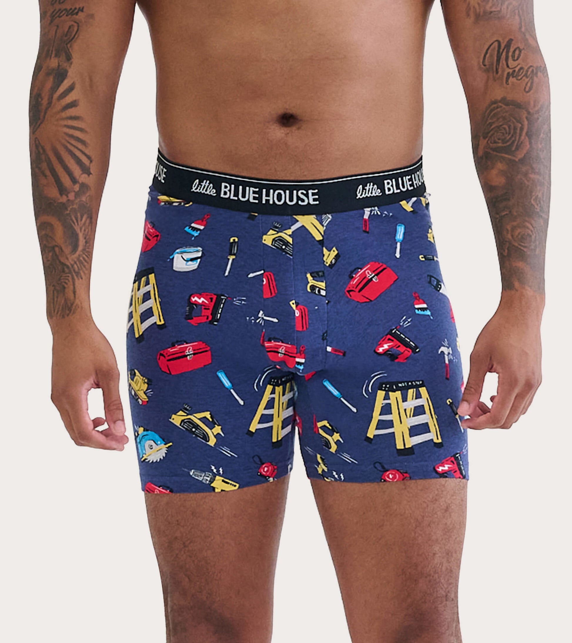 Navy boxer briefs featuring a playful tool pattern, elastic waistband, and a comfortable fit for everyday wear.