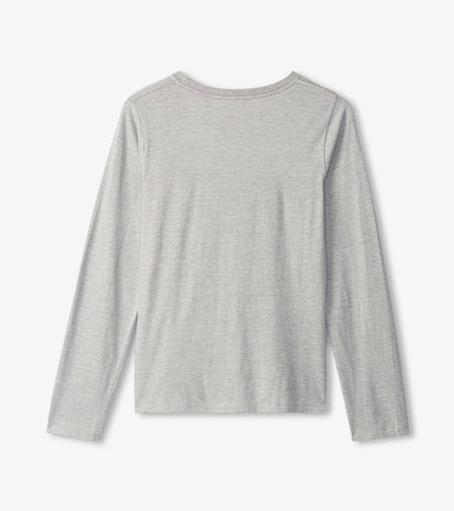 Light gray long sleeve t-shirt with a round neckline and a relaxed fit, viewed from the back.