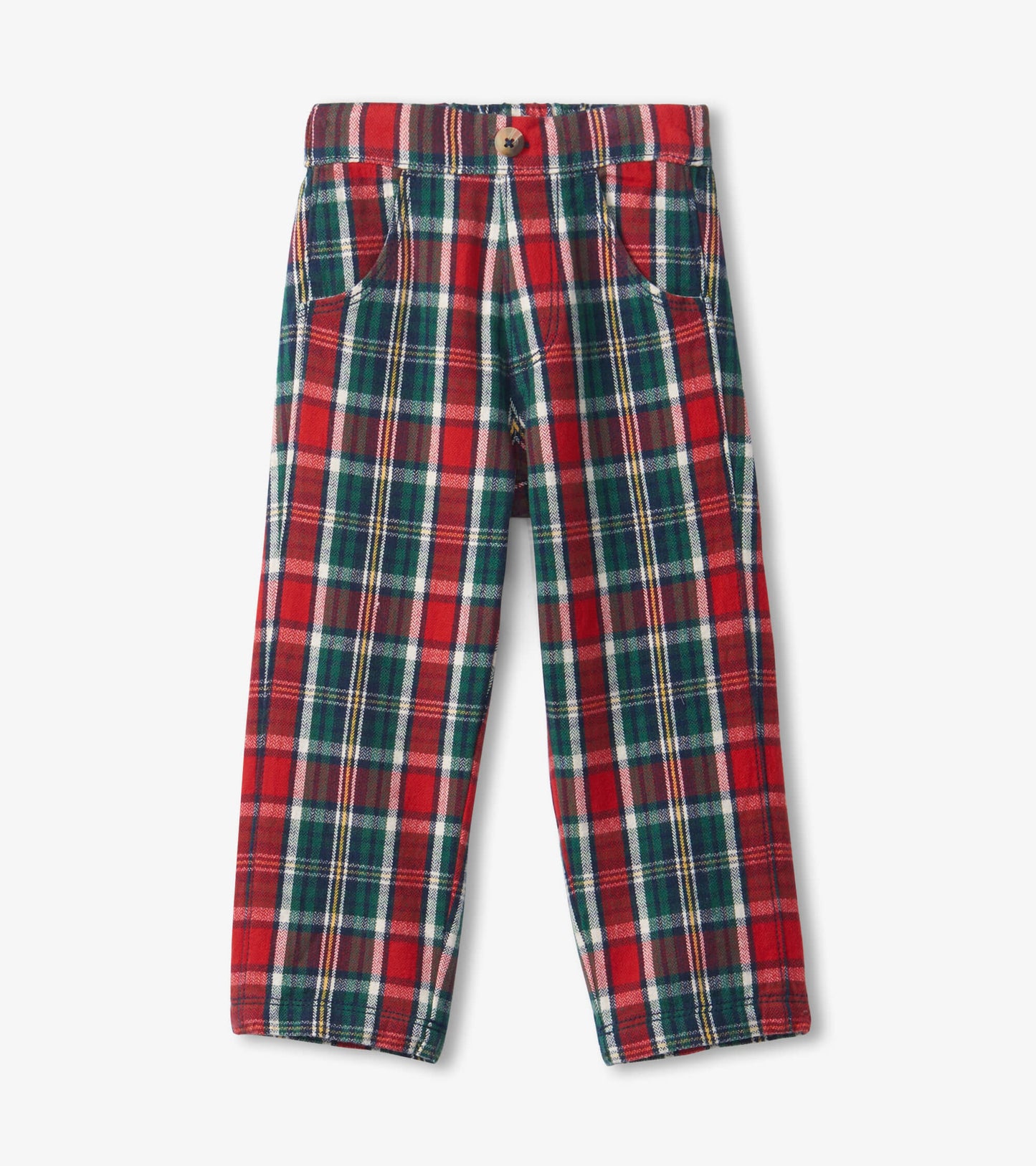 Red and green plaid straight leg pants with pockets and button closure, suitable for festive occasions.