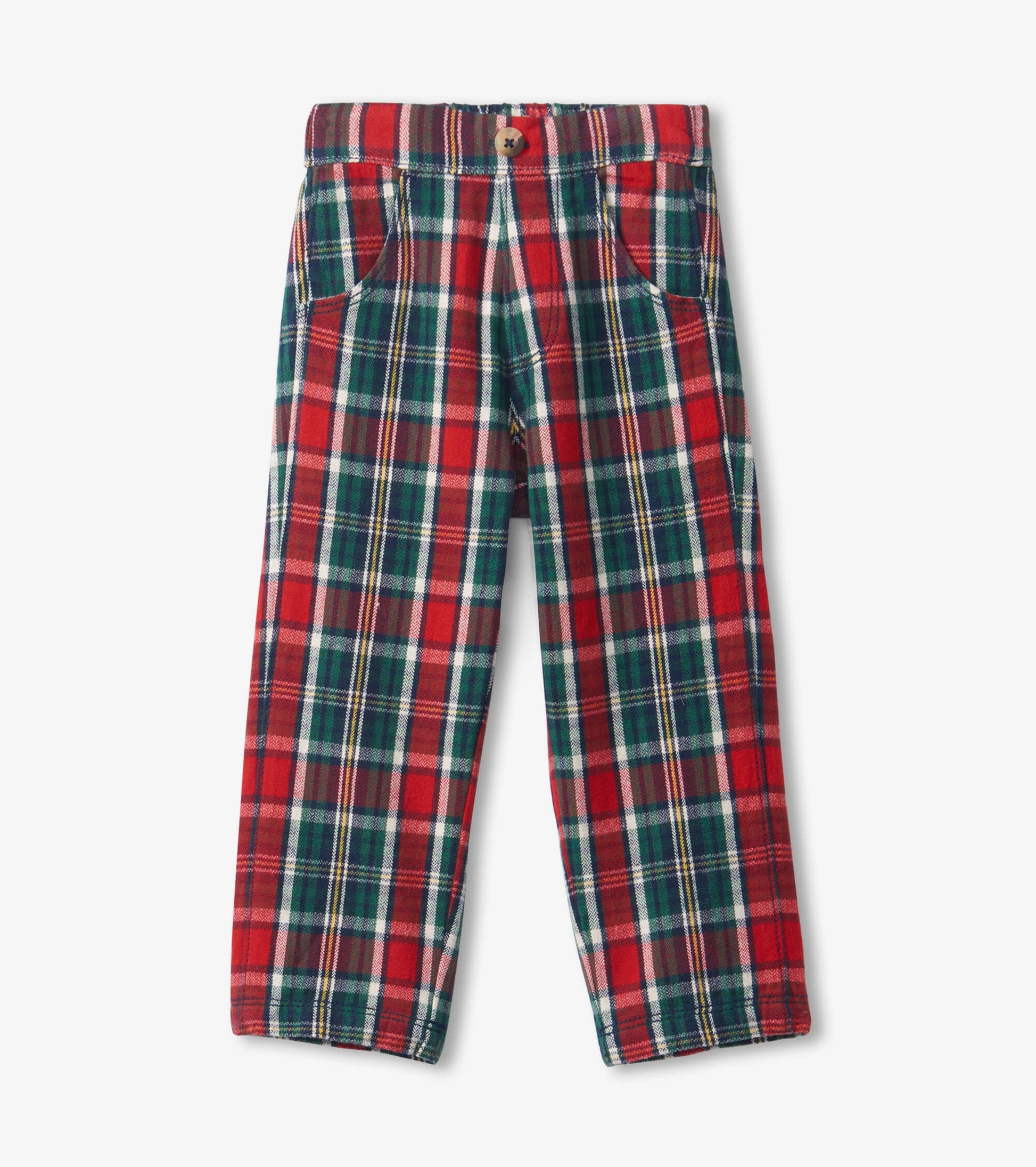 Red and green plaid straight leg pants with pockets and button closure, suitable for festive occasions.