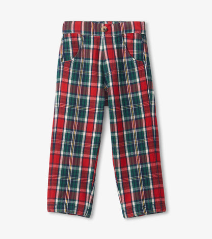 Red and green plaid straight leg pants with pockets and button closure, suitable for festive occasions.