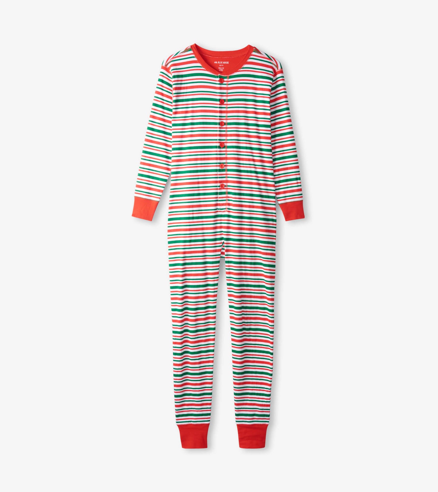 Red, green, and white striped adult onesie with long sleeves and button front, featuring ribbed cuffs and collar.
