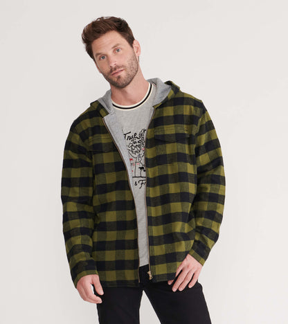 Green and black plaid flannel jacket with a zip front and hood, worn over a gray graphic t-shirt.