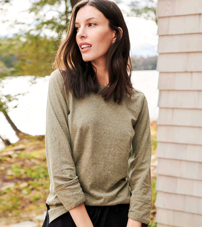 Loden green 3/4 sleeve Breton top with a relaxed fit and rolled sleeves, perfect for casual wear.