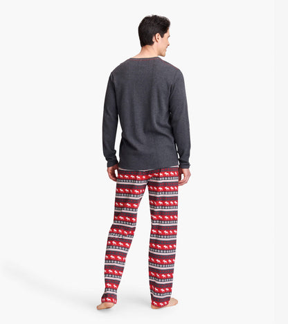 Men's pajama pants in red with Fair Isle moose pattern, made of stretch cotton, shown from the back.