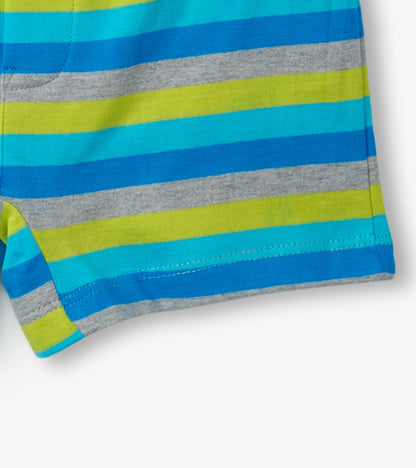 Multicolored striped boxer briefs in blue, green, and gray, featuring a soft cotton material and a comfortable fit.