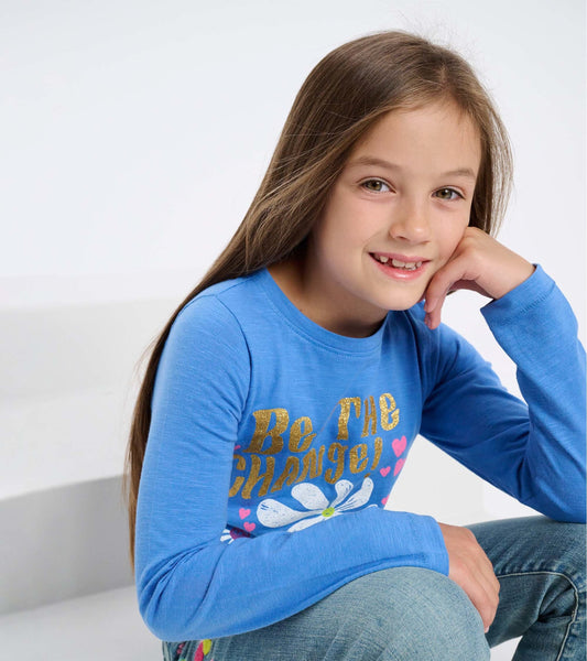 Blue long sleeve t-shirt featuring a floral graphic and text design, ideal for casual wear.