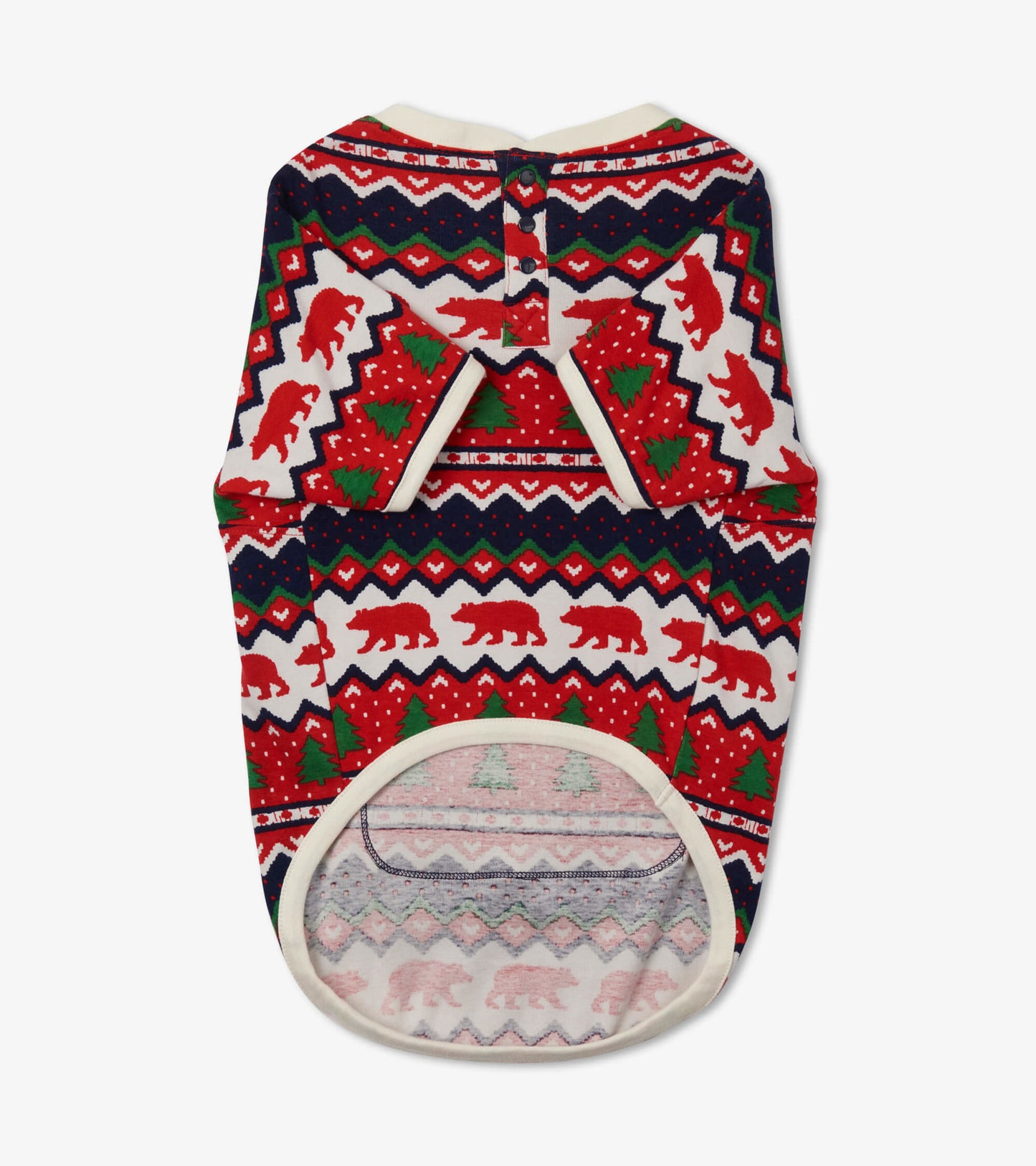 Red and white Fair Isle patterned dog tee featuring bears and trees, with a crew neck and button closure at the back.