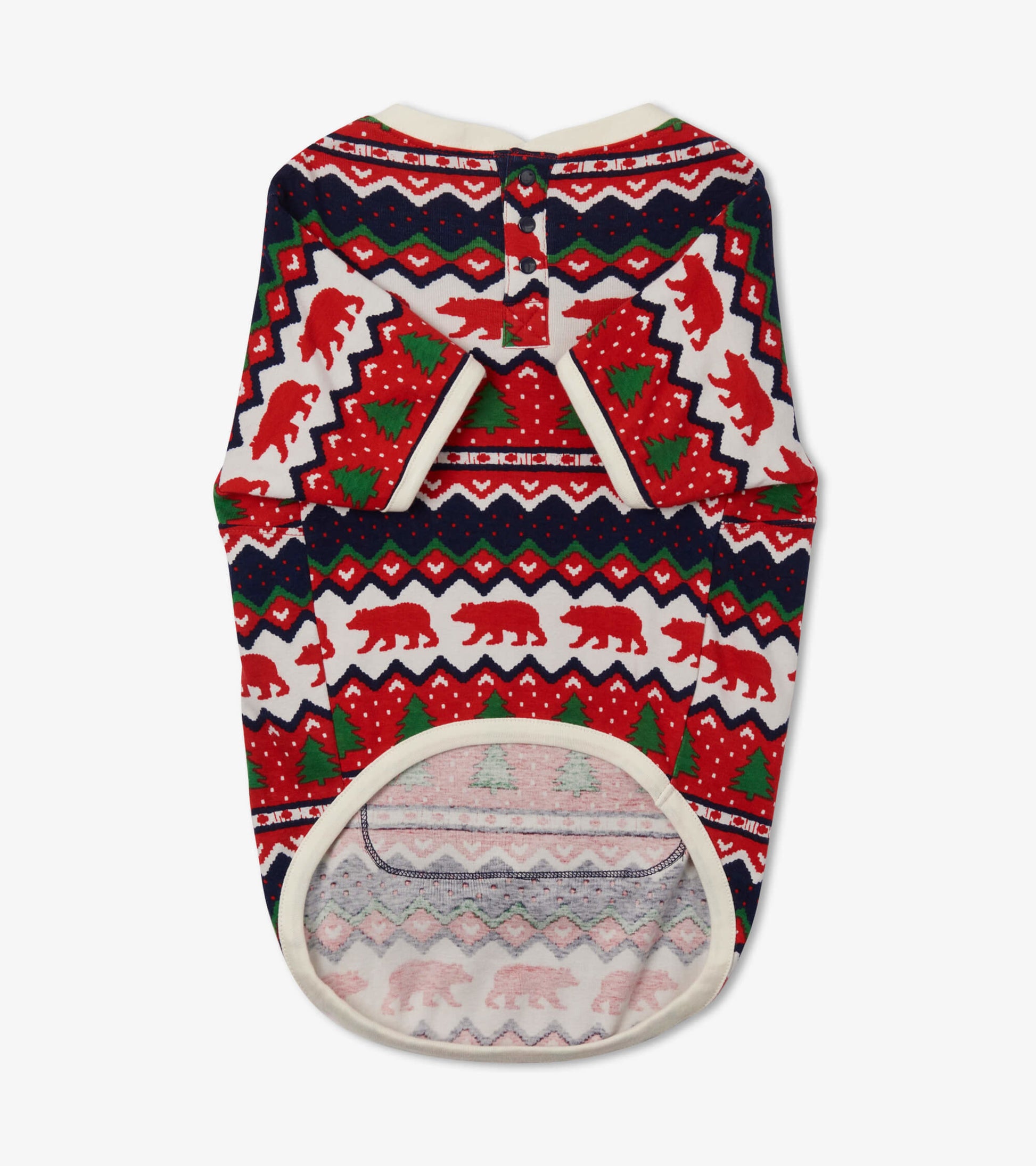 Red and white Fair Isle patterned dog tee featuring bears and trees, with a crew neck and button closure at the back.