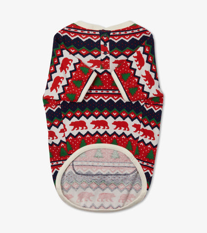 Red and white Fair Isle patterned dog tee featuring bears and trees, with a crew neck and button closure at the back.