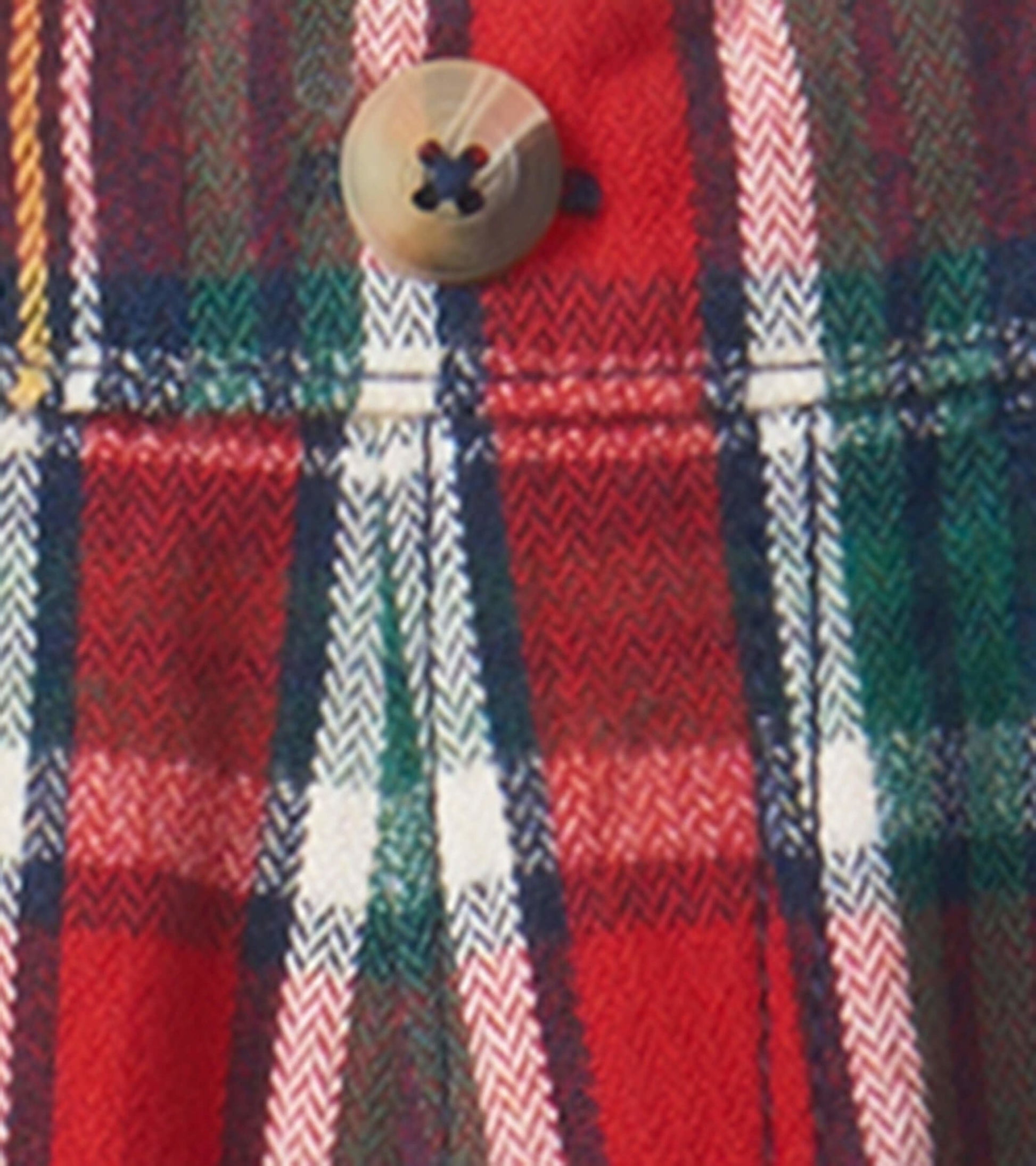 Red and green plaid straight leg pants with a button detail, suitable for festive occasions.