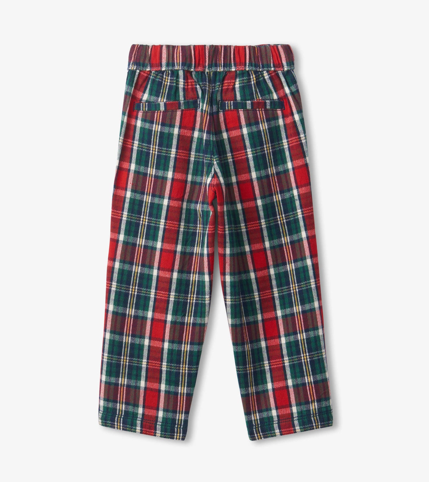 Red and green plaid straight leg pants with an elastic waistband and back pockets.