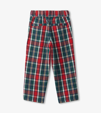 Red and green plaid straight leg pants with an elastic waistband and back pockets.